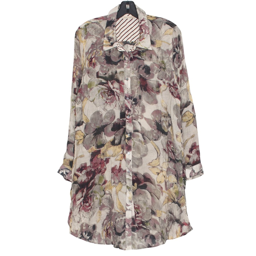 Soft Surroundings Floral Shirt Dress Button Up Sheer Lagenlook Boho Romantic L